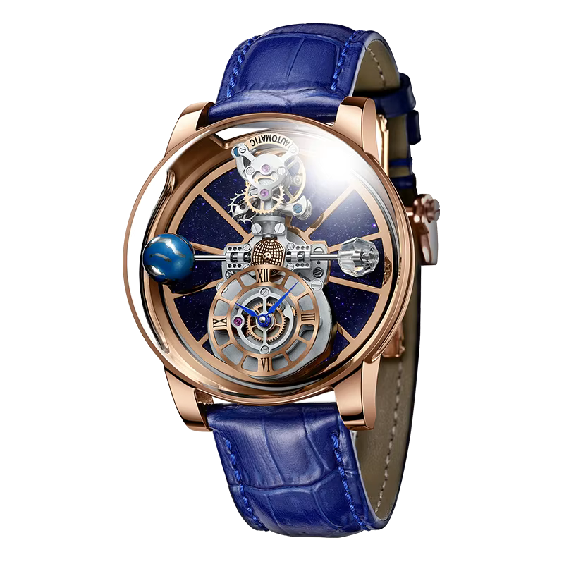 PINDU P5015 celestial tourbillon watch rose gold case with blue leather strap