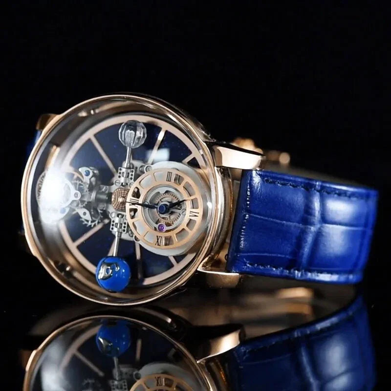 PINDU P5015 celestial tourbillon watch rose gold case blue leather strap side profile