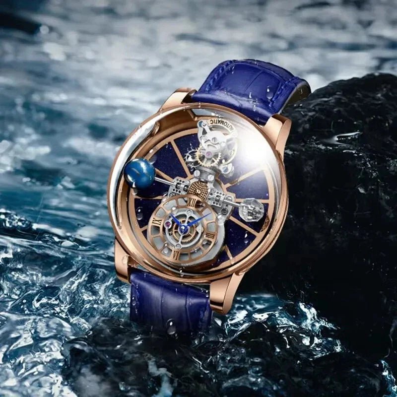PINDU P5015 celestial tourbillon watch rose gold case blue strap water lifestyle