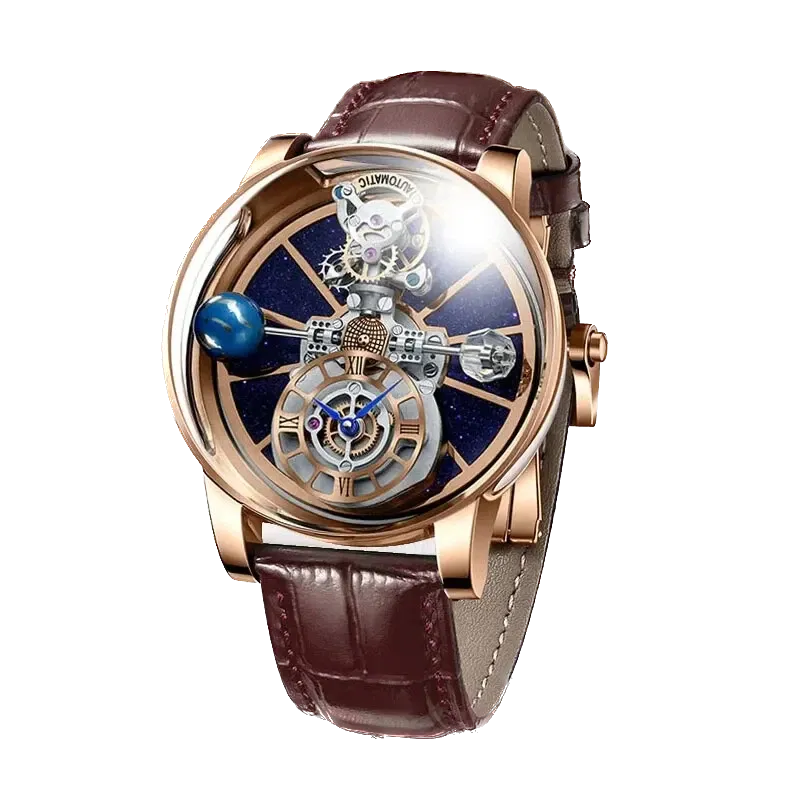 PINDU P5015 celestial tourbillon watch rose gold case with brown leather strap