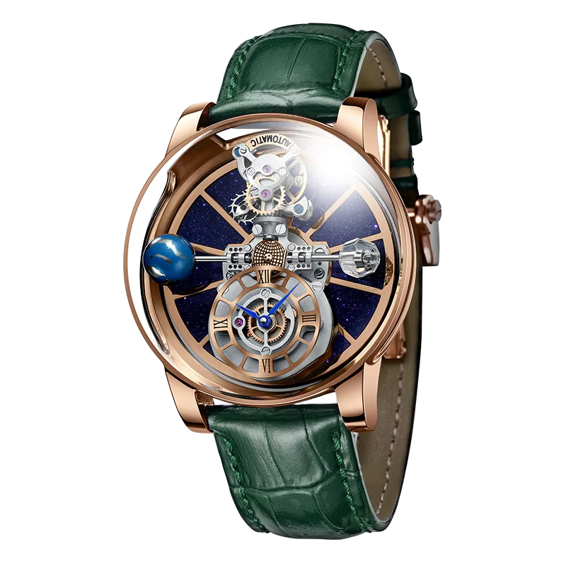 PINDU P5015 celestial tourbillon watch rose gold case with green leather strap