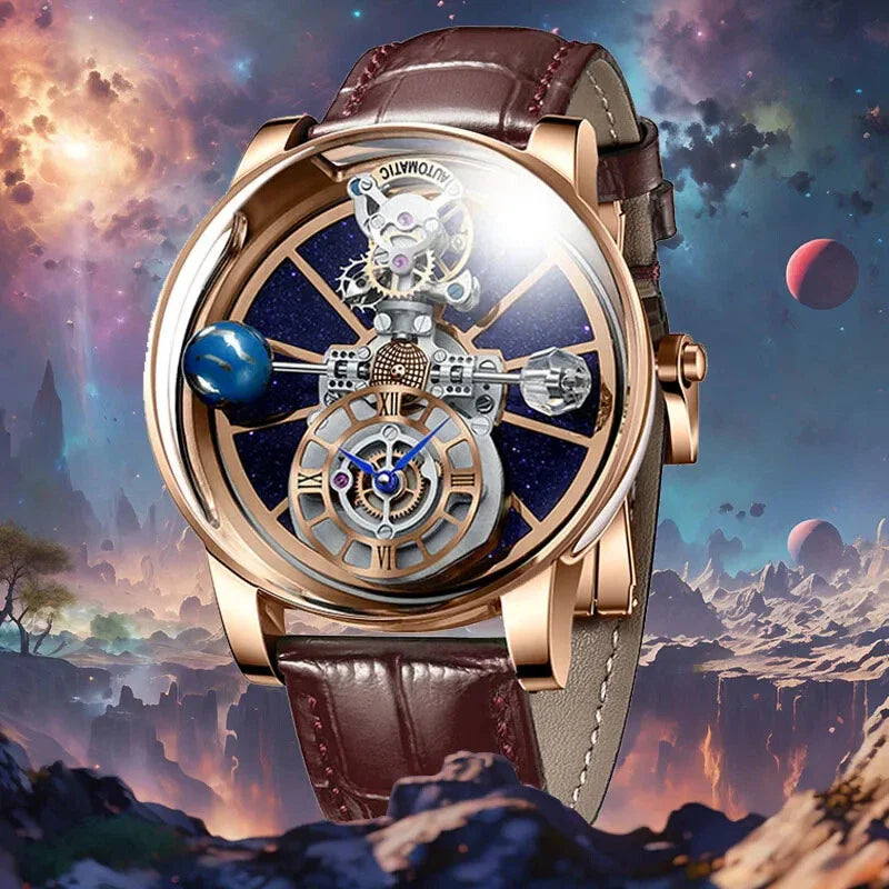 PINDU P5015 celestial tourbillon watch rose gold brown strap cosmic lifestyle shot