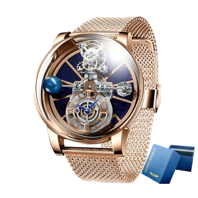PINDU P5015 celestial tourbillon watch rose gold case with mesh bracelet and box