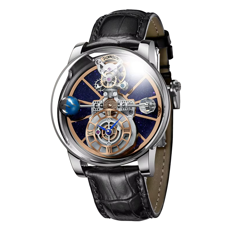 PINDU P5015 celestial tourbillon watch silver case with black leather strap front view