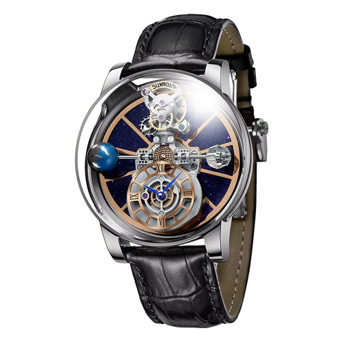 PINDU P5015 celestial tourbillon watch silver case with black leather strap front view