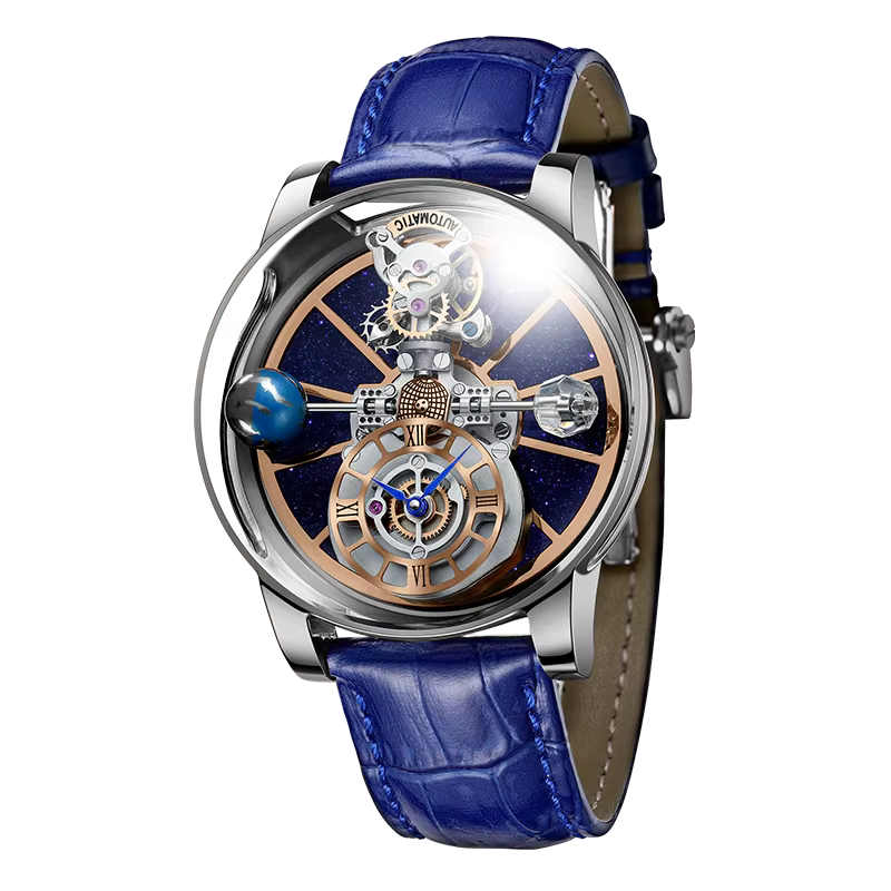 PINDU P5015 celestial tourbillon watch silver case with blue leather strap front view