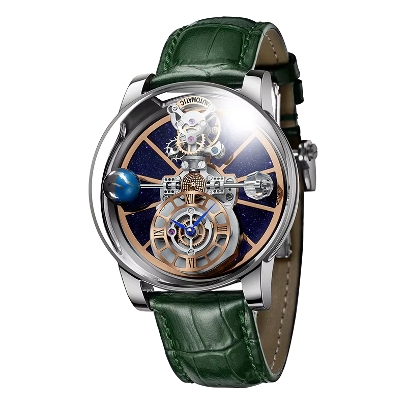 PINDU P5015 celestial astronomical tourbillon watch – silver case with green leather strap, front view