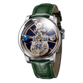 PINDU P5015 celestial astronomical tourbillon watch – silver case with green leather strap, front view