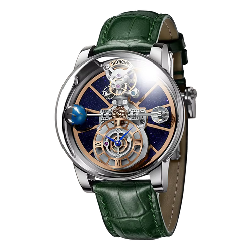 PINDU P5015 celestial astronomical tourbillon watch – silver case with green leather strap, front view