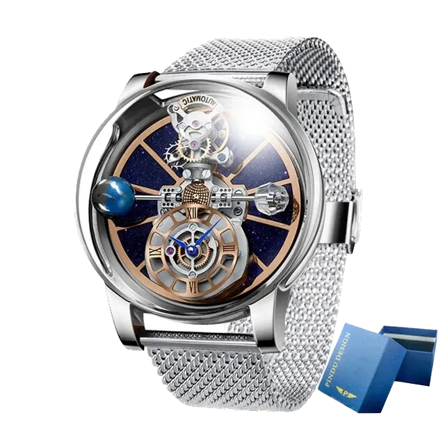 PINDU P5015 celestial tourbillon watch silver case with steel mesh bracelet and box