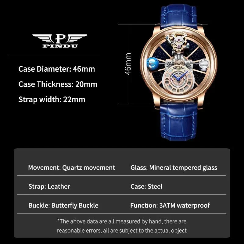 PINDU P5015 celestial tourbillon watch specification chart showing dimensions and specs