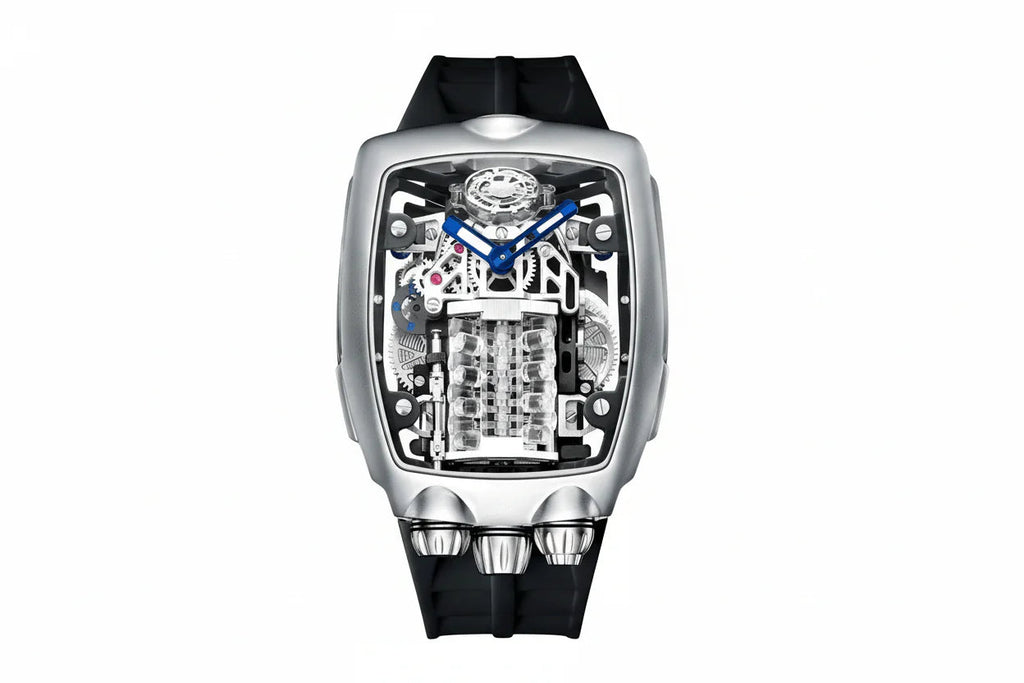 PINDU P5023 Automatic Tonneau Watch silver case black dial angle view