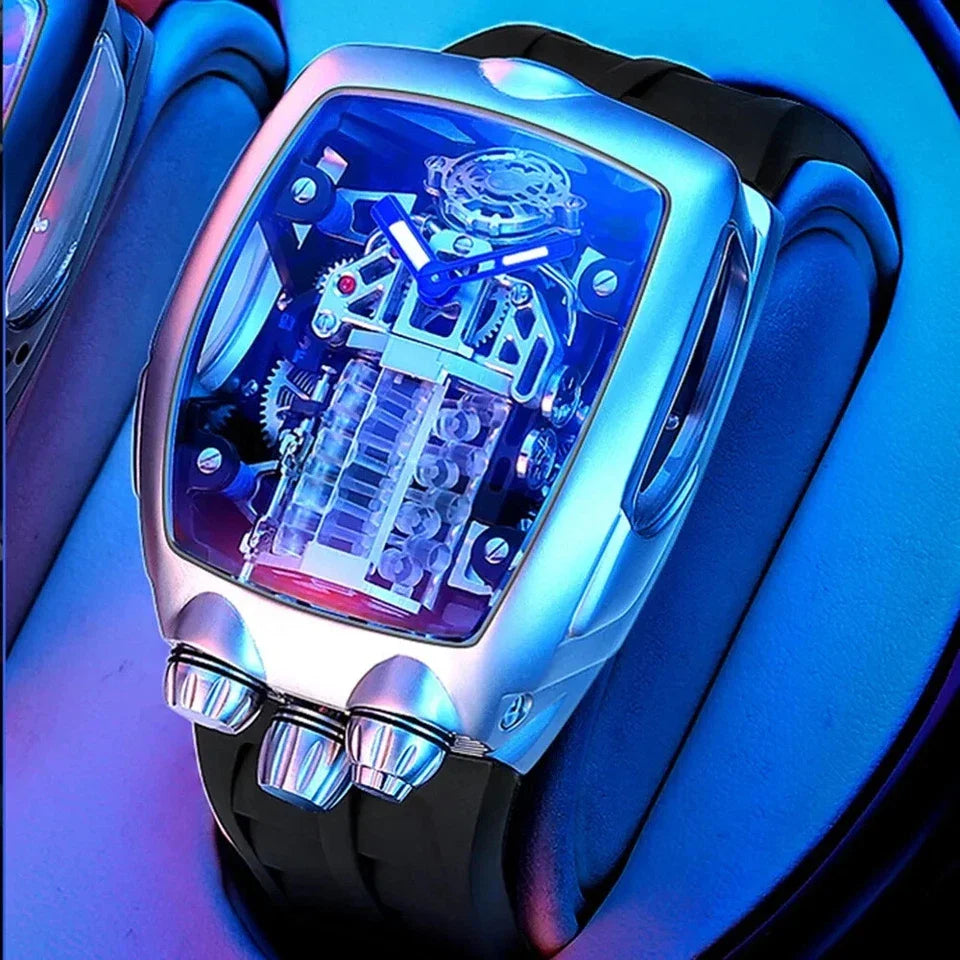 PINDU P5023 automatic tonneau skeleton watch artistic neon blue pink ambient lighting cyan silicone strap skeleton dial detail shot