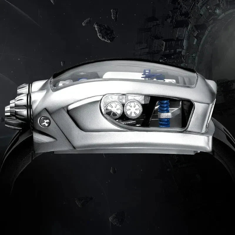 PINDU P5023 automatic tonneau skeleton watch side profile view silver stainless steel case black rubber strap case construction