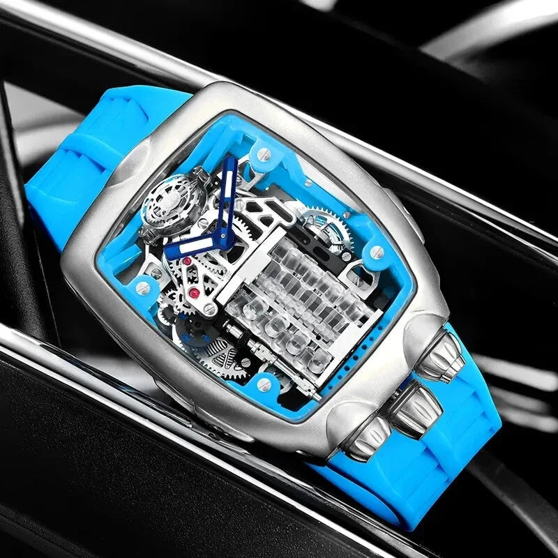 PINDU P5023 automatic tonneau skeleton watch wrist side profile silver stainless steel case black rubber strap decorative buttons