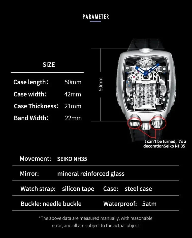 PINDU P5023 automatic tonneau skeleton watch specifications SEIKO NH35 movement 50mm case length 5ATM waterproof mineral glass