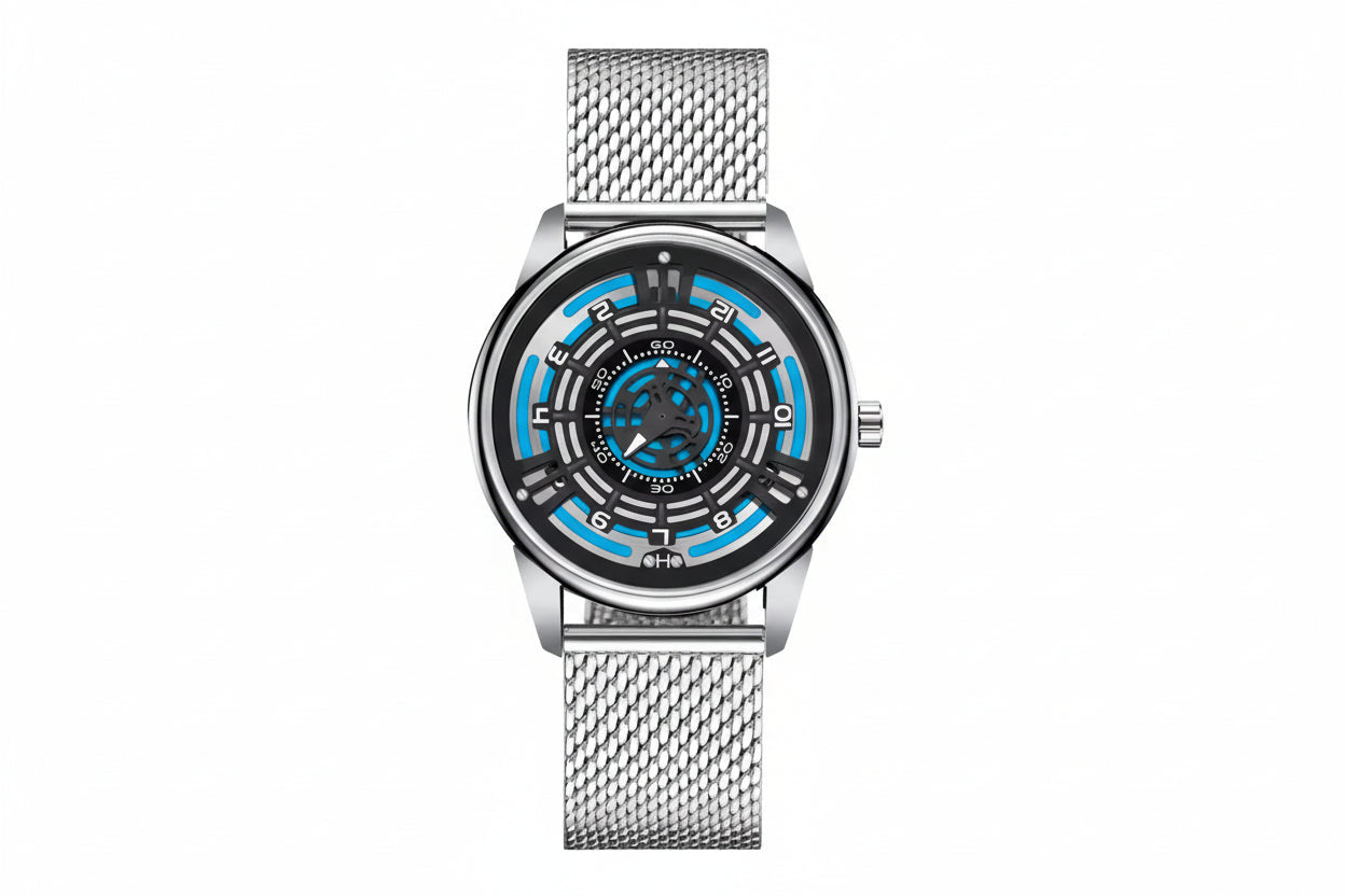 PINDU P5029 retro precision scale automatic watch silver case black leather strap front view