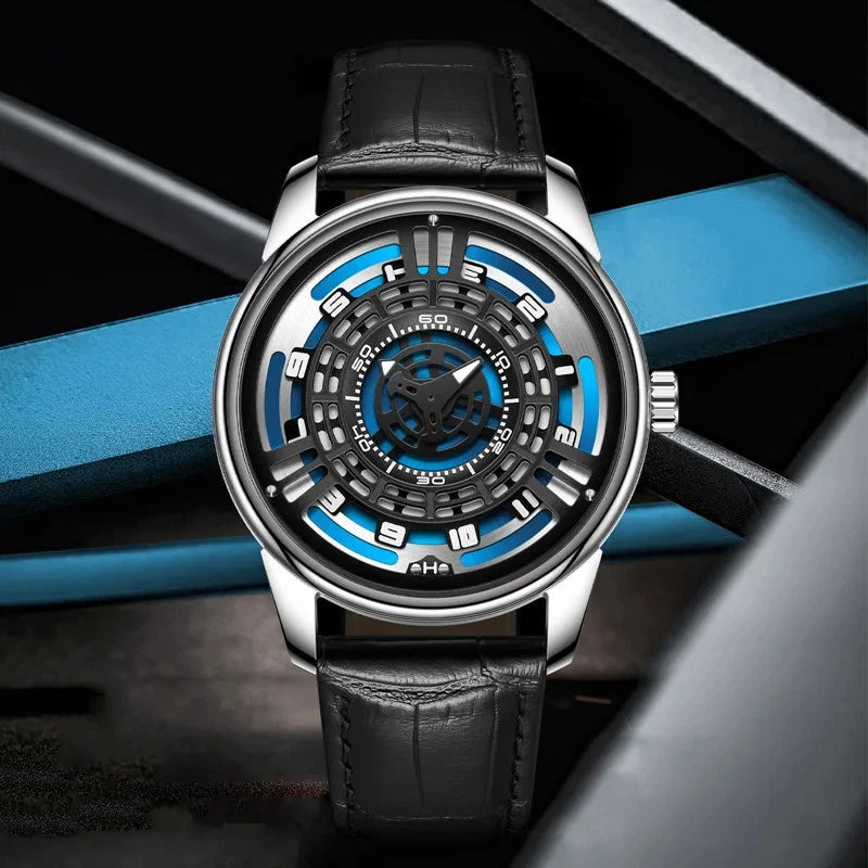 PINDU P5029 retro precision scale automatic watch silver case black leather strap front view