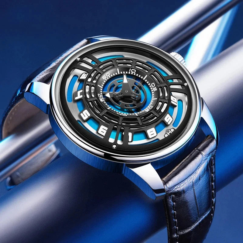 PINDU P5029 retro precision scale automatic watch silver case black leather strap front view