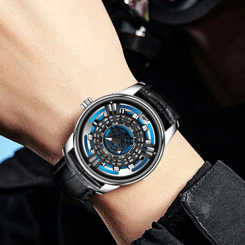 PINDU P5029 retro precision scale automatic watch silver case black leather strap front view