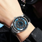 PINDU P5029 retro precision scale automatic watch silver case black leather strap front view