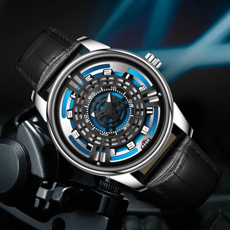 PINDU P5029 retro precision scale automatic watch silver case black leather strap front view