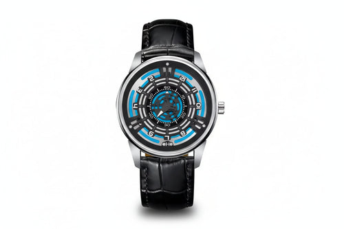 PINDU P5029 retro precision scale automatic watch silver case black leather strap front view