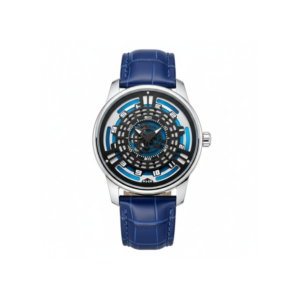 PINDU P5029 retro precision scale automatic watch silver case blue leather strap front view