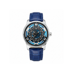 PINDU P5029 retro precision scale automatic watch silver case blue leather strap front view
