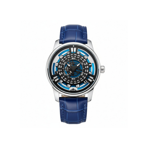 PINDU P5029 retro precision scale automatic watch silver case blue leather strap front view