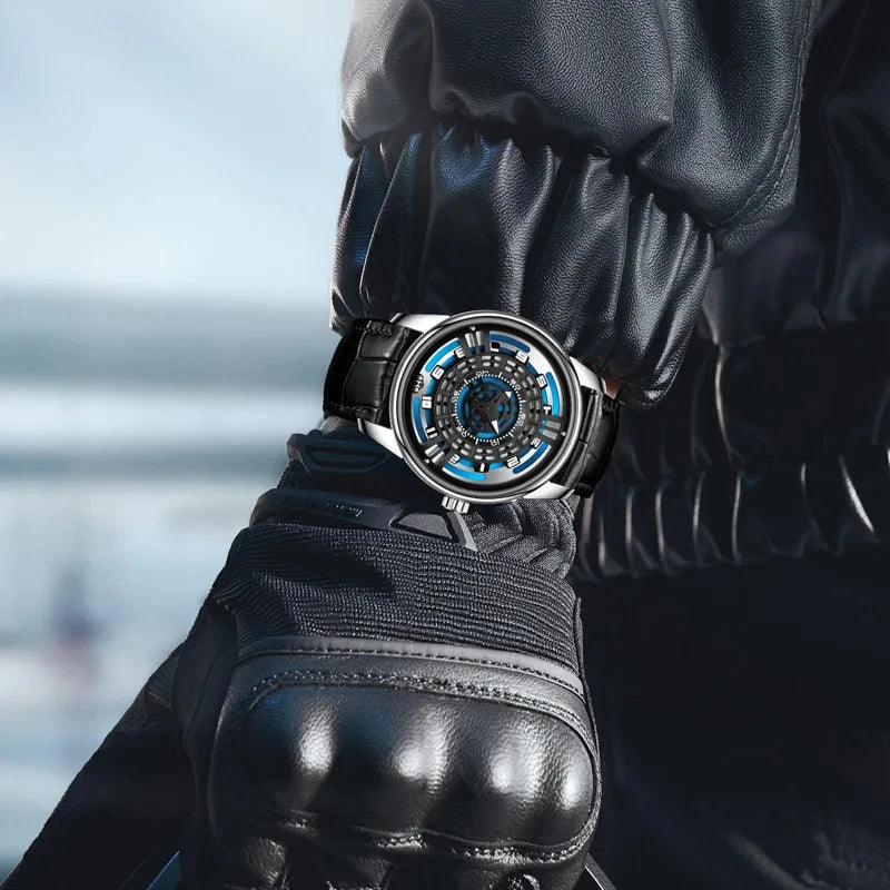 PINDU P5029 retro precision scale automatic watch silver case black leather strap front view