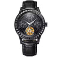 PINDU P5037 hand-encrusted diamond automatic tourbillon watch black PVD case matte black geometric dial black diamond bezel golden tourbillon black alligator leather strap front view