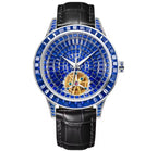 PINDU P5037 hand-encrusted diamond automatic tourbillon watch silver case cobalt blue geometric dial diamond bezel golden tourbillon black alligator leather strap front view