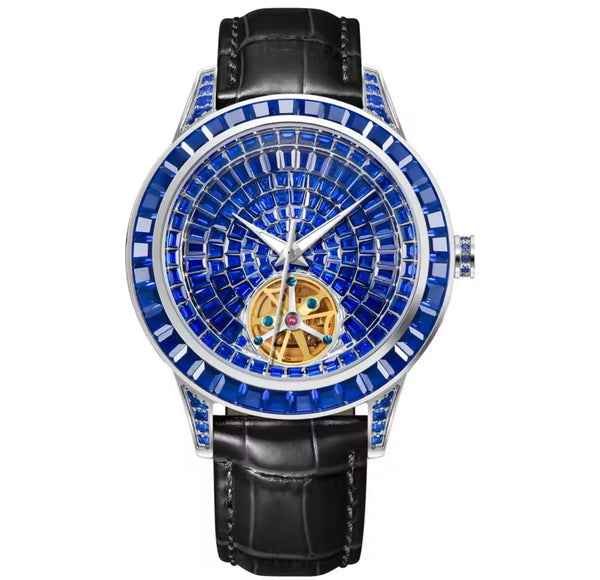 PINDU P5037 hand-encrusted diamond automatic tourbillon watch silver case cobalt blue geometric dial diamond bezel golden tourbillon black alligator leather strap front view
