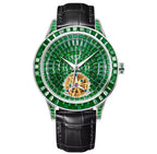 PINDU P5037 hand-encrusted diamond automatic tourbillon watch silver case emerald green geometric dial diamond bezel golden tourbillon black alligator leather strap front view