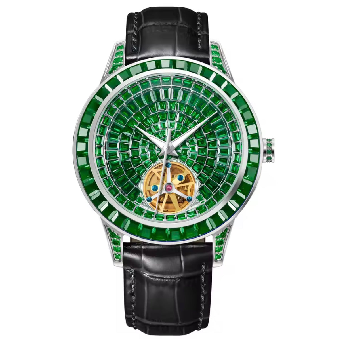 PINDU P5037 hand-encrusted diamond automatic tourbillon watch silver case emerald green geometric dial diamond bezel golden tourbillon black alligator leather strap front view