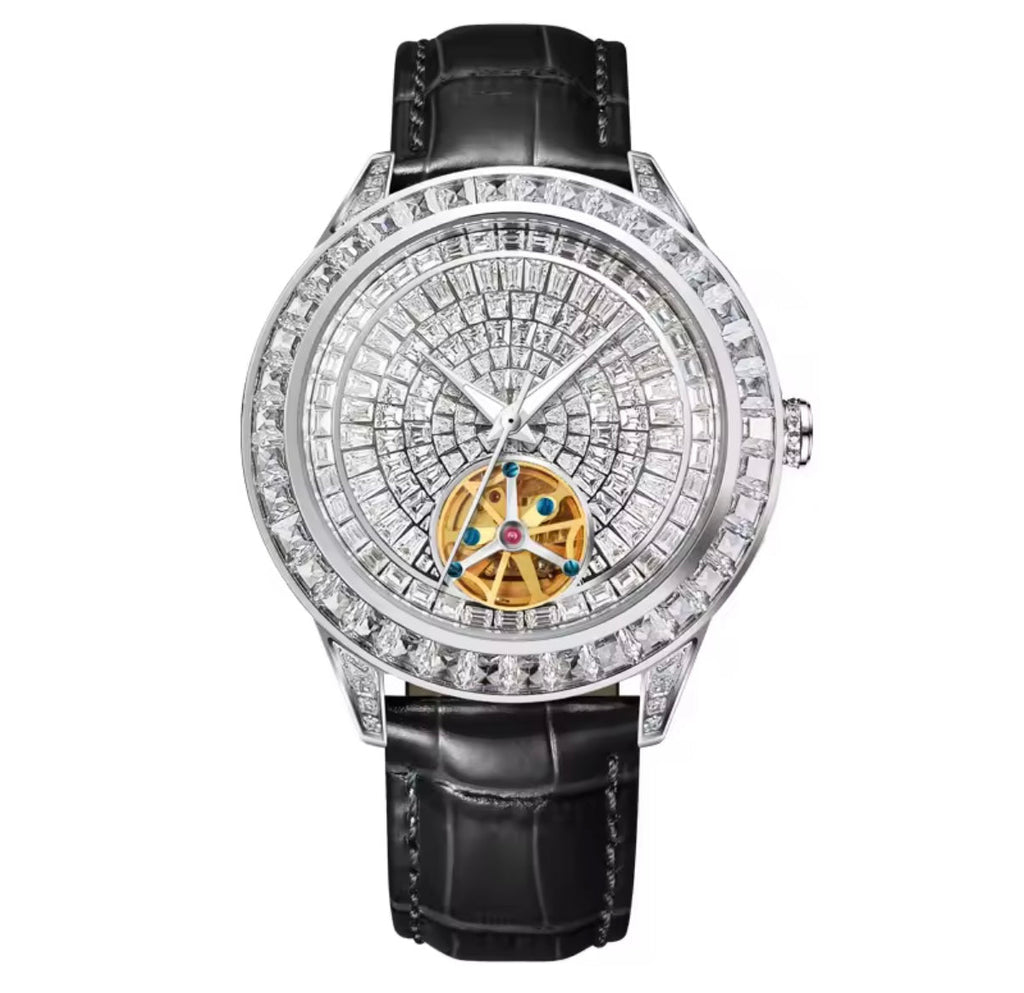 PINDU P5037 hand-encrusted diamond automatic tourbillon watch silver case white silver geometric dial baguette diamond bezel golden tourbillon black alligator leather strap front view
