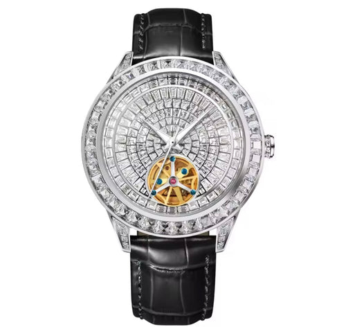 PINDU P5037 hand-encrusted diamond automatic tourbillon watch silver case white silver geometric dial baguette diamond bezel golden tourbillon black alligator leather strap front view