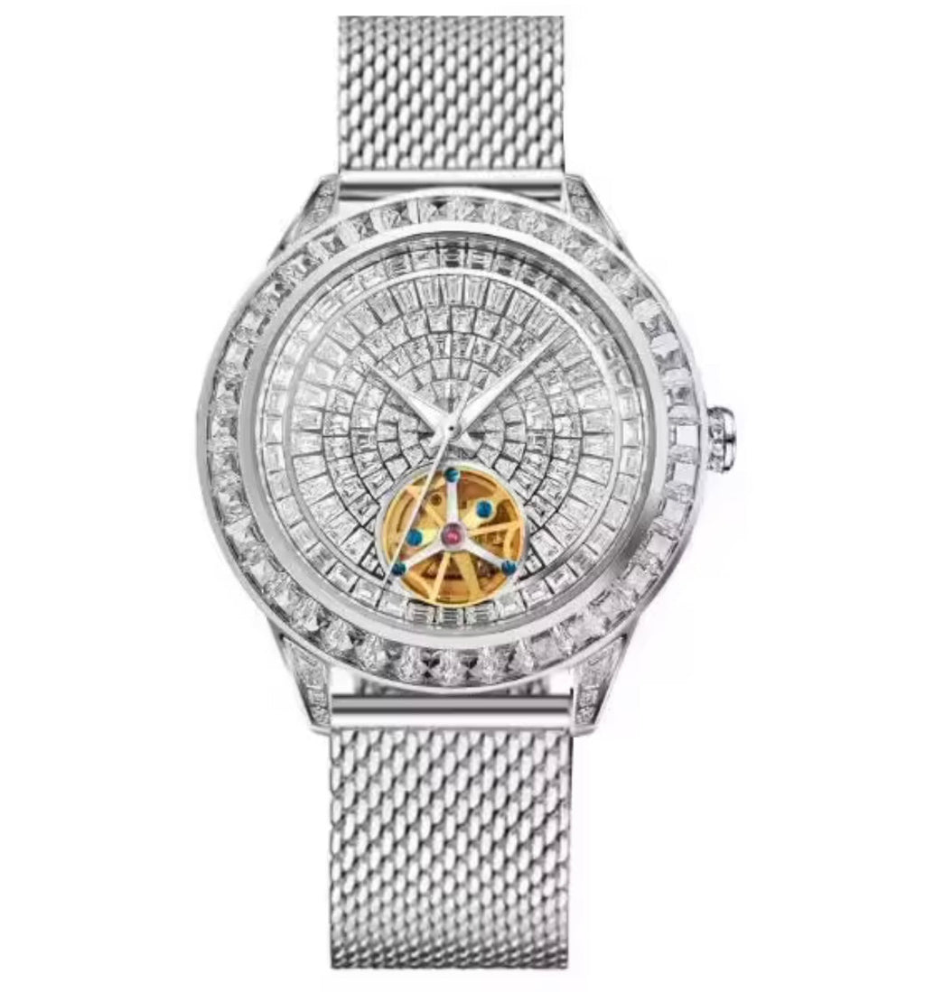 PINDU P5037 hand-encrusted diamond automatic tourbillon watch silver case white geometric dial full diamond bezel golden tourbillon silver mesh bracelet luxury presentation