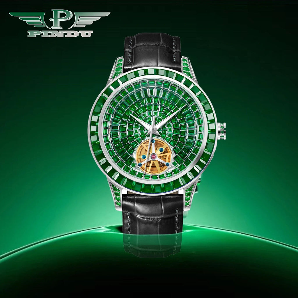 PINDU P5037 diamond automatic tourbillon watch lifestyle glamour shot silver case emerald green dial diamond bezel golden tourbillon black alligator leather strap