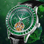 PINDU P5037 diamond automatic tourbillon watch lifestyle nature green leaf background silver case emerald green dial diamond bezel black alligator leather strap