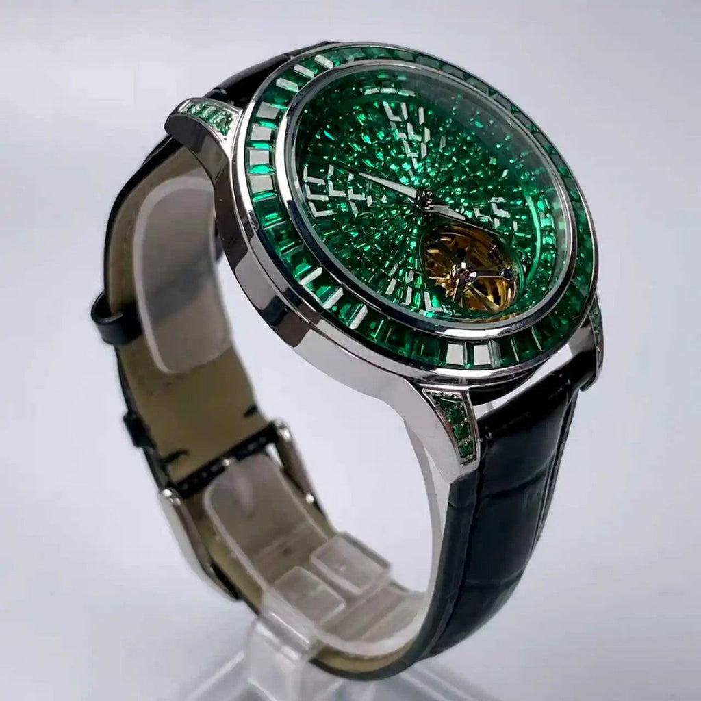PINDU P5037 diamond automatic tourbillon watch side profile detail case architecture depth diamond bezel emerald green dial black alligator leather strap