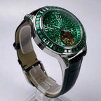 PINDU P5037 diamond automatic tourbillon watch side profile detail case architecture depth diamond bezel emerald green dial black alligator leather strap