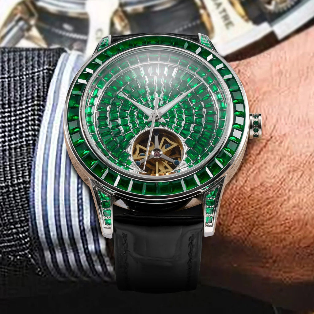 PINDU P5037 diamond automatic tourbillon watch wrist profile angled view case thickness detail silver case emerald green dial diamond bezel black leather strap