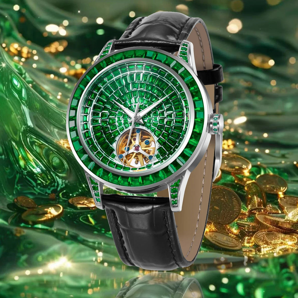 PINDU P5037 diamond automatic tourbillon watch on wrist casual lifestyle silver case emerald green dial diamond bezel black alligator leather strap
