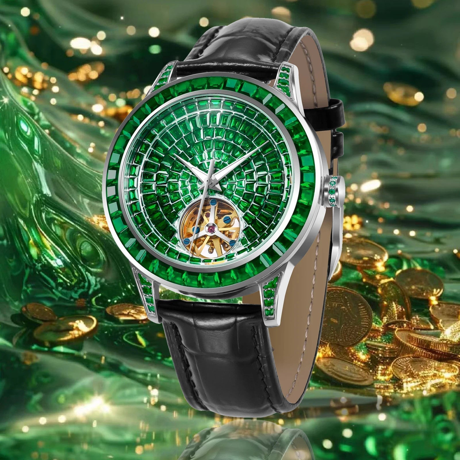 PINDU P5037 diamond automatic tourbillon watch on wrist casual lifestyle silver case emerald green dial diamond bezel black alligator leather strap