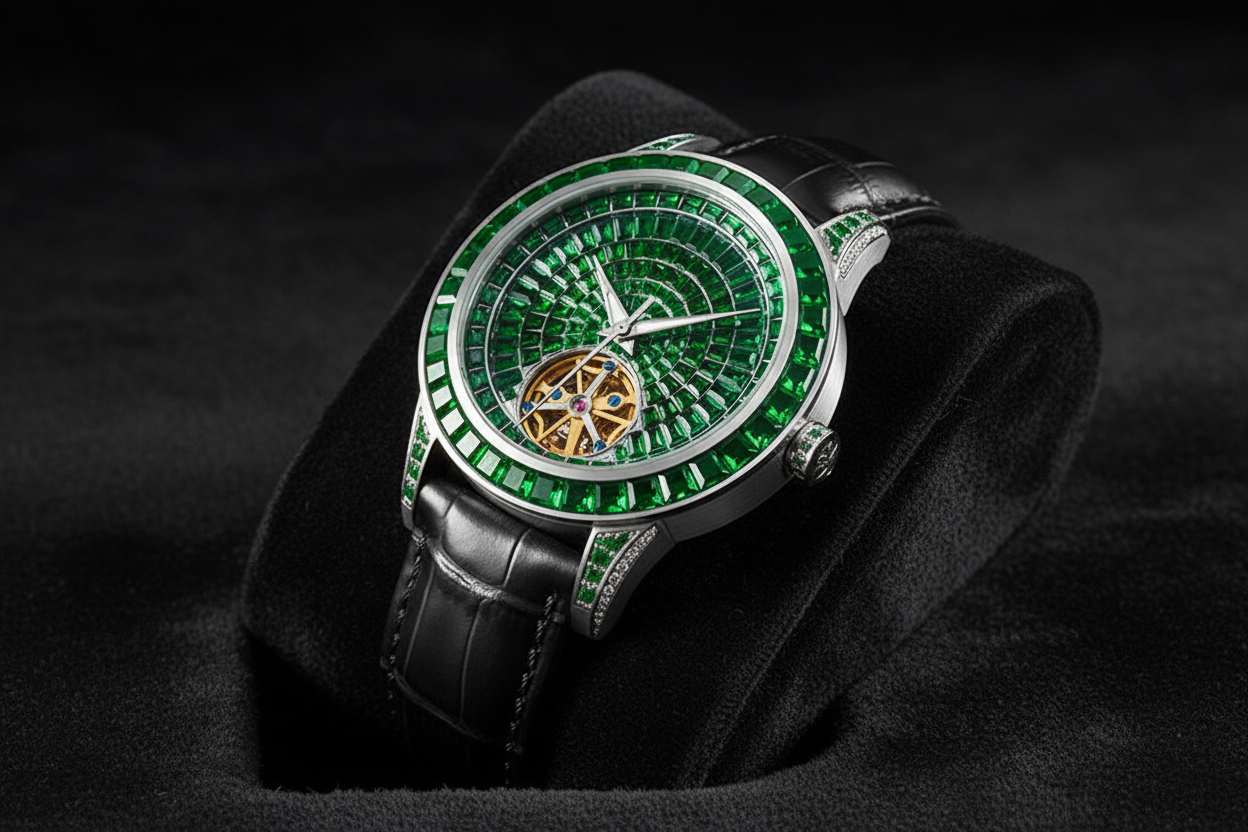 PINDU P5037 diamond automatic tourbillon watch on wrist night lifestyle silver case emerald green dial diamond bezel golden tourbillon black alligator leather strap