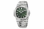 PINDU P6501 automatic watch silver case steel bracelet dark green dial diamond baguette bezel angled view