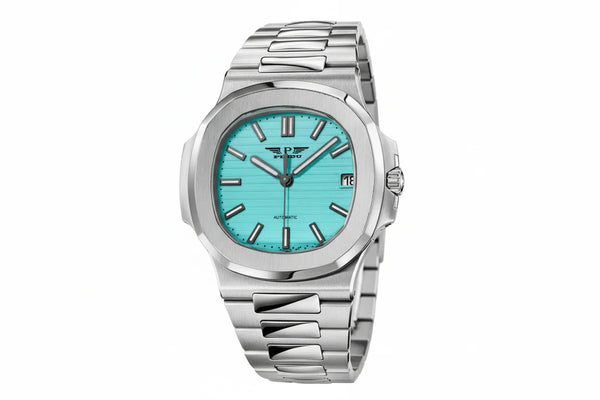 PINDU P6501 automatic watch silver case steel bracelet turquoise dial angled view