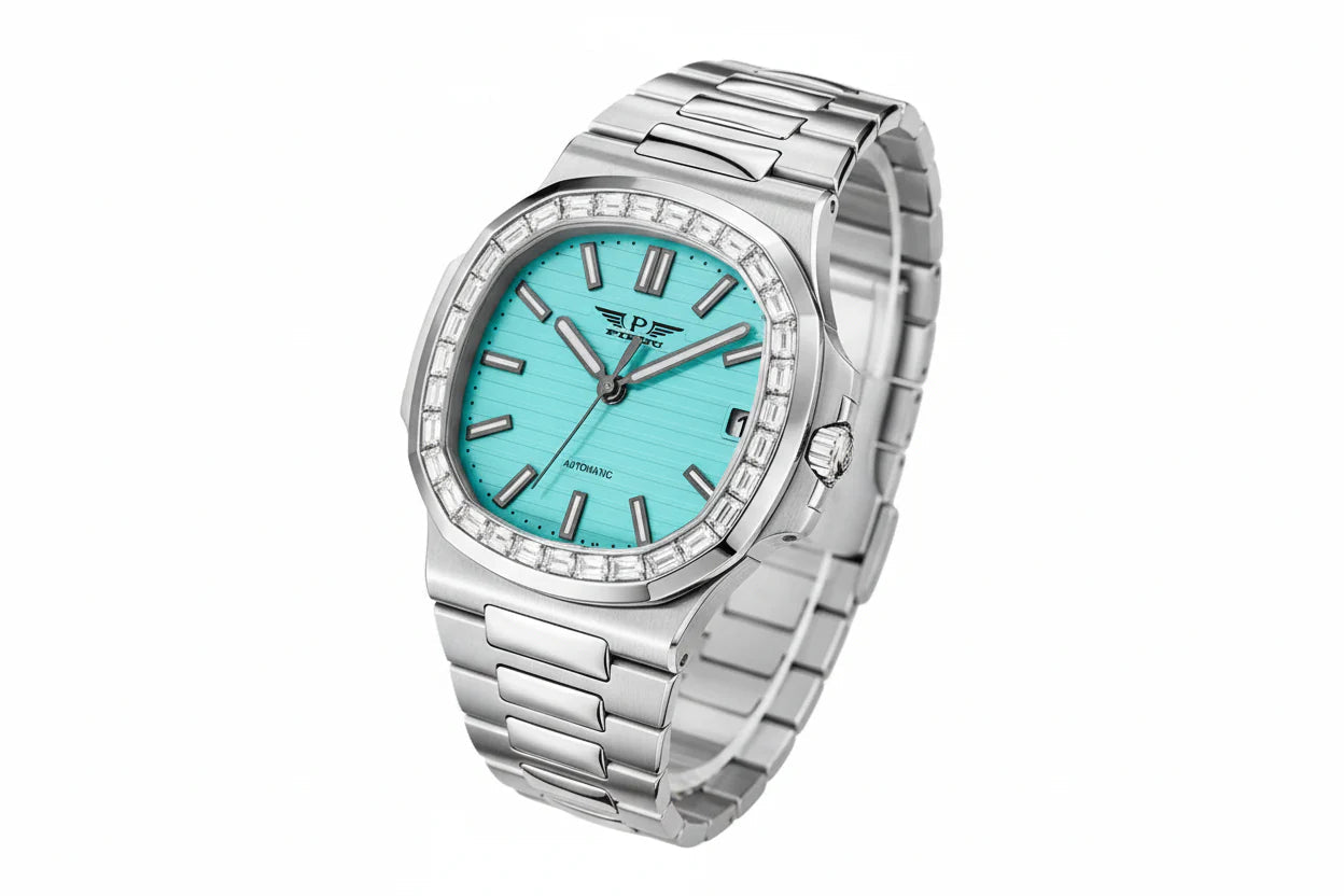 PINDU P6501 automatic watch silver case steel bracelet turquoise dial diamond baguette bezel front view
